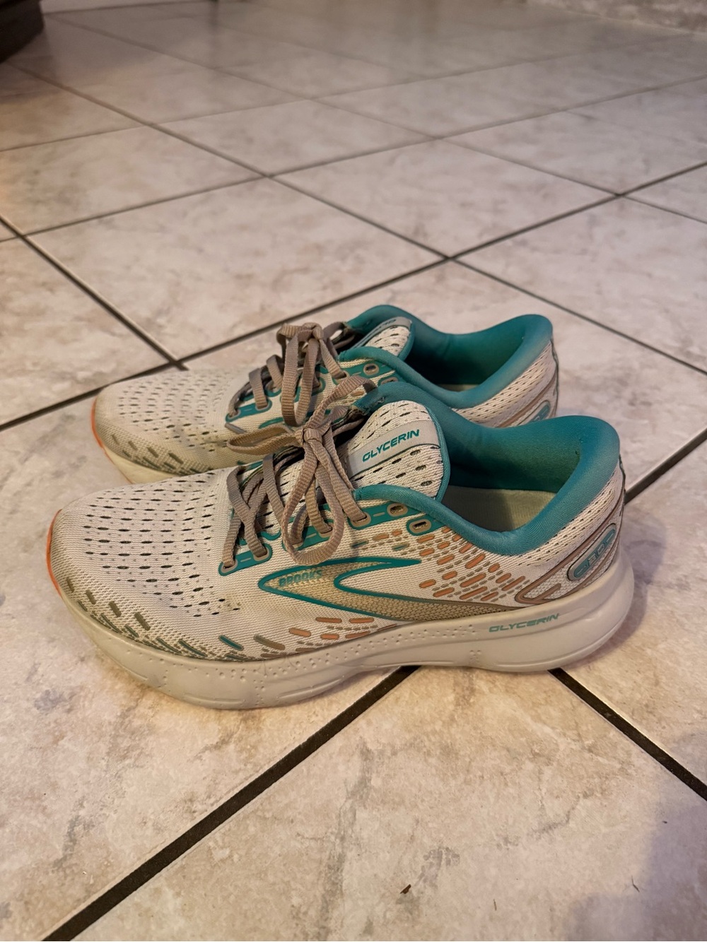 Brooks Glycerin Running Shoes in Teal and Cream with Coral Accents